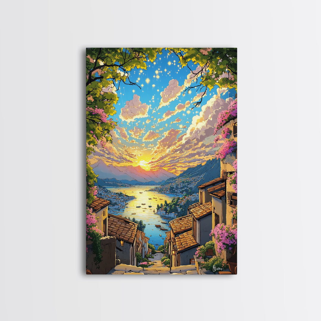 Italian Hillside Village Sunset Canvas Print, Coastal Lake Wall Art, Mediterranean Decor, Romantic Travel Poster Gift Idea