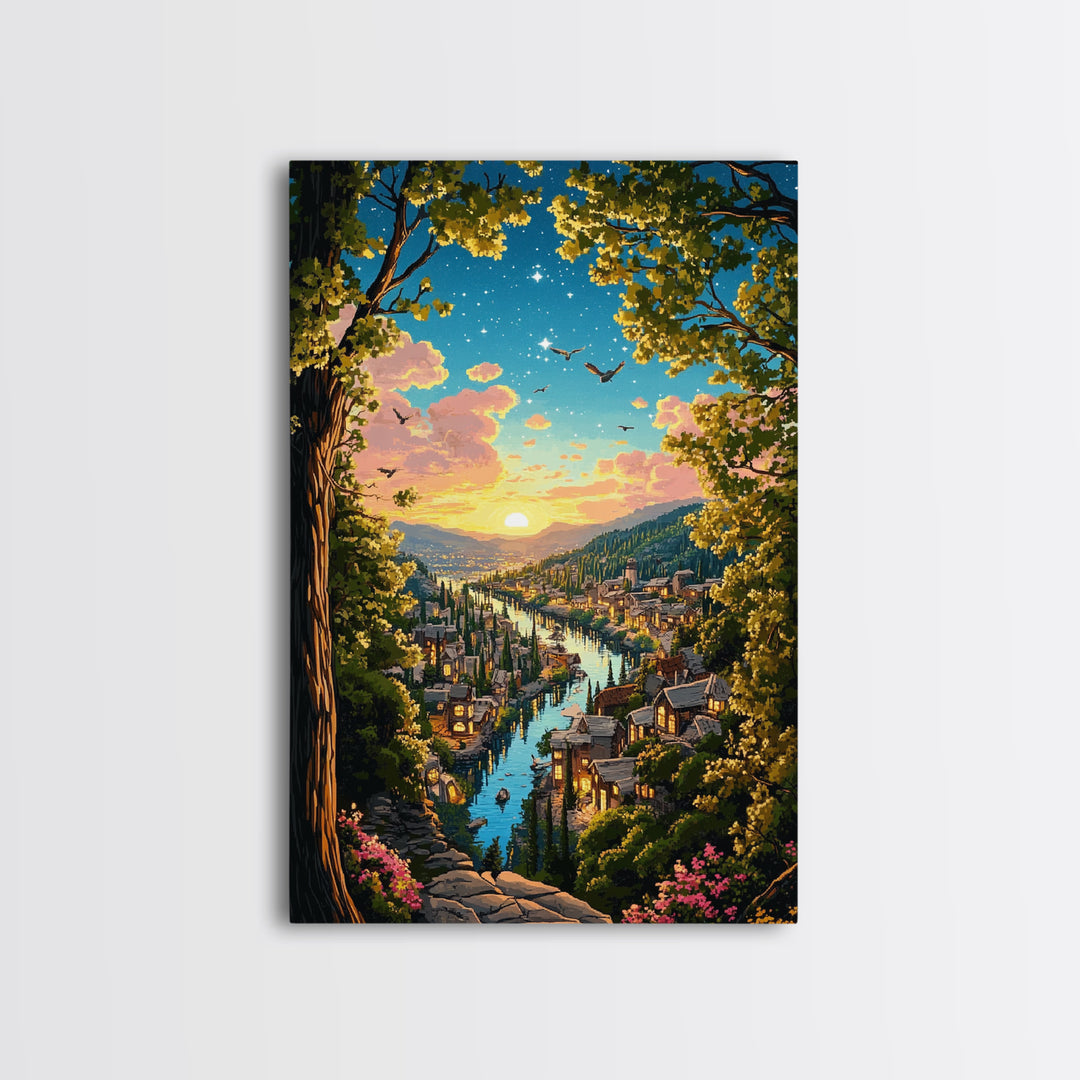 Sunset River City Through Forest Wall Art, Starry Landscape Canvas, Nature Decor, Cozy Living Room Art Print Gift For Her