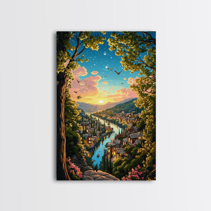 Sunset River City Through Forest Wall Art, Starry Landscape Canvas, Nature Decor, Cozy Living Room Art Print Gift For Her