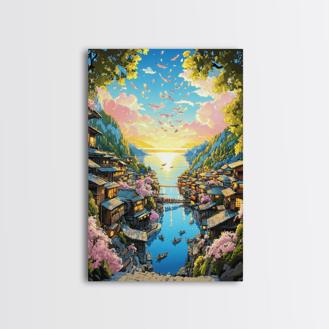 Cherry Blossom Coastal Village Canvas Print, Japanese Seascape Wall Art, Pink Floral Decor, Peaceful Travel Poster Gift Idea