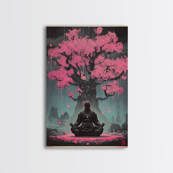Astronaut Meditating Under Pink Cherry Tree Wall Art, Sci Fi Zen Decor, Dark Botanical Fantasy Framed Canvas Print Gift For Him