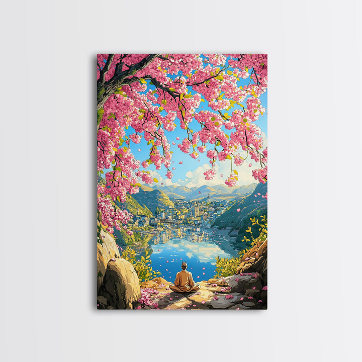 Cherry Blossom Lake Meditation Canvas Print, Japanese Mountain Wall Art, Spring Nature Decor, Peaceful Zen Gift For Her Idea