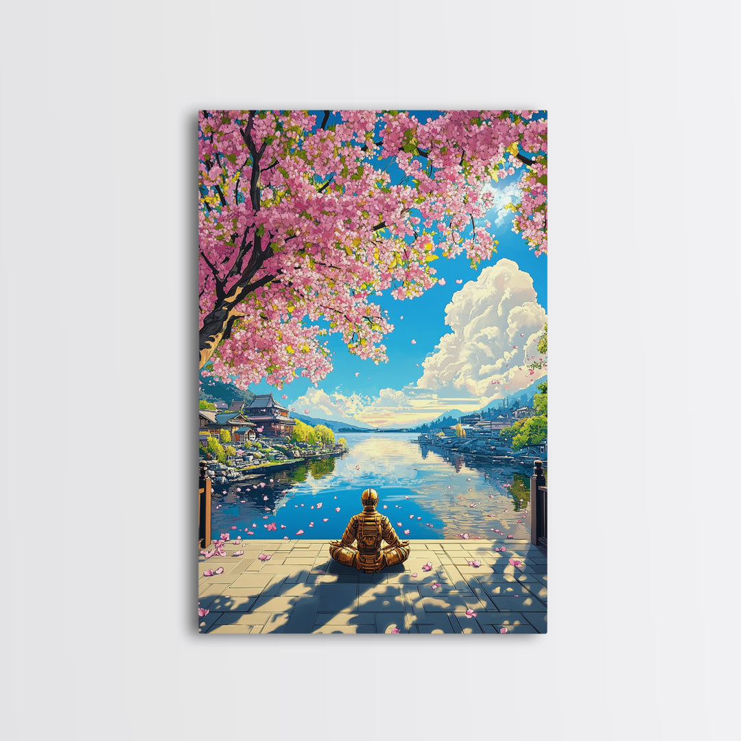 Meditating Samurai Under Pink Cherry Blossoms Wall Art, Japanese Landscape Canvas, Zen Decor, Living Room Art Print, Home Decor