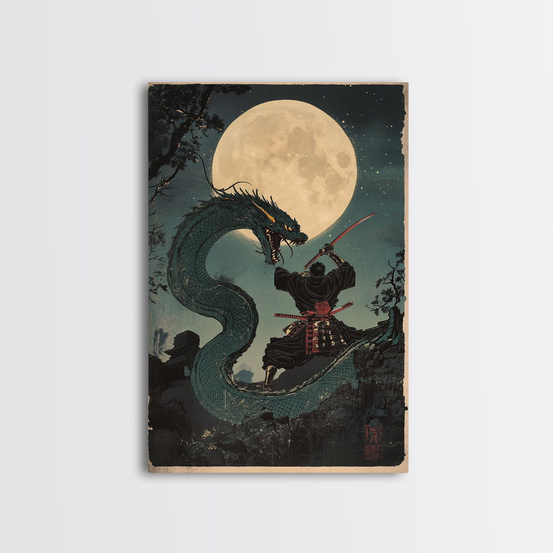 Moon Dragon Duel With Armored Samurai Framed Canvas Print, Japanese Fantasy Wall Art, Dark Academia Decor, Gift For Him, Office Decor