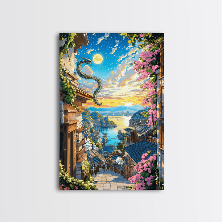 Dragon Over Sunlit Coastal Stairway Canvas Print, Japanese Village Wall Art, Cherry Blossom Decor, Fantasy Landscape Print