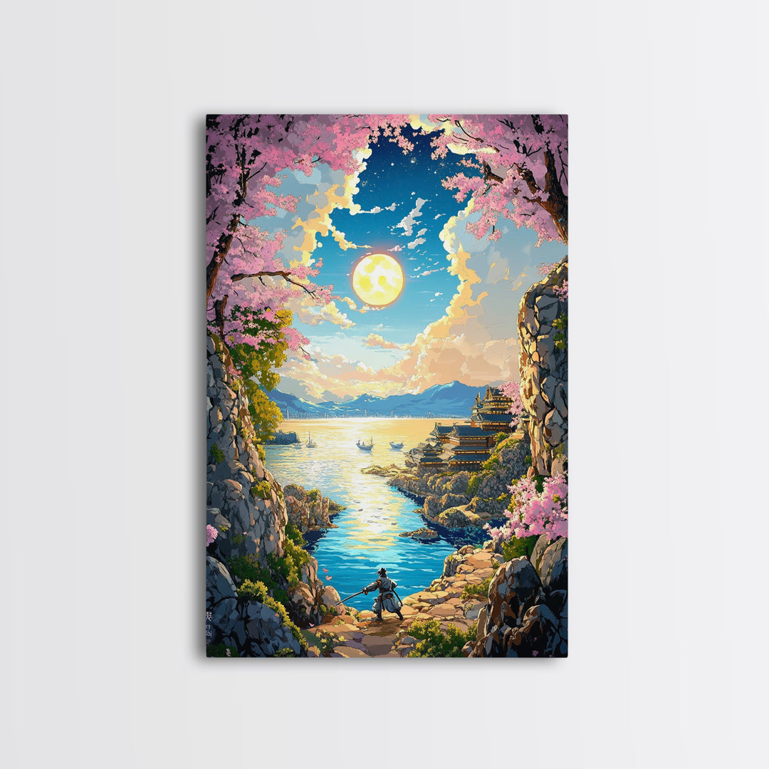 Moonlit Cherry Blossom Sea Cove Wall Art, Samurai Fantasy Landscape, Japanese Coastal Decor, Living Room Canvas Print, Home Decor