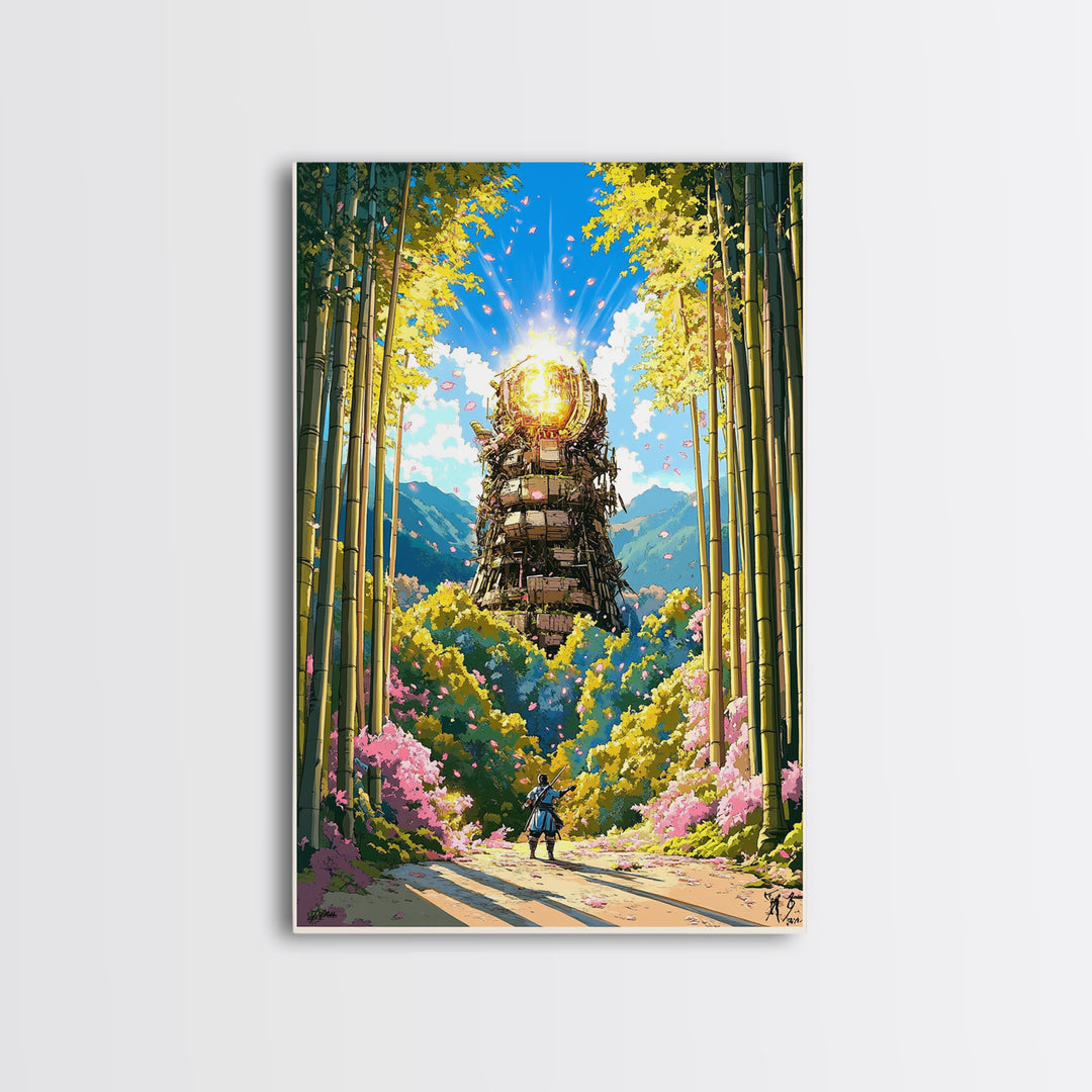 Glowing Samurai Tower In Bamboo Forest Wall Art, Japanese Fantasy Landscape, Asian Inspired Art Canvas Print, Living Room Decor