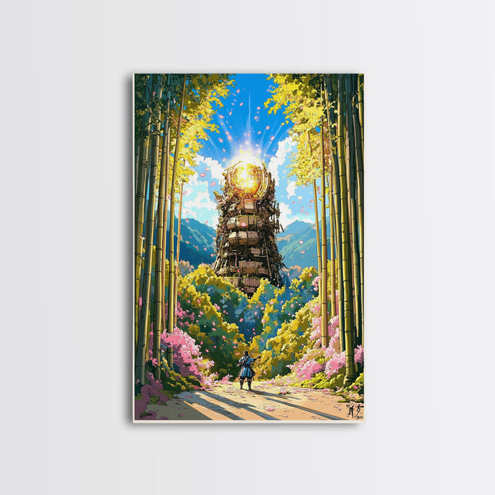 Glowing Samurai Tower In Bamboo Forest Wall Art, Japanese Fantasy Landscape, Asian Inspired Art Canvas Print, Living Room Decor