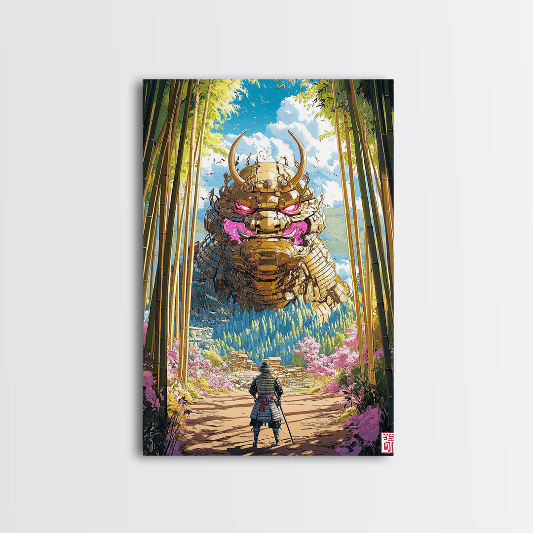 Giant Golden Samurai Mask In Bamboo Grove Framed Canvas Print, Japanese Warrior Wall Art, Fantasy Decor, Gift For Him, Office Decor