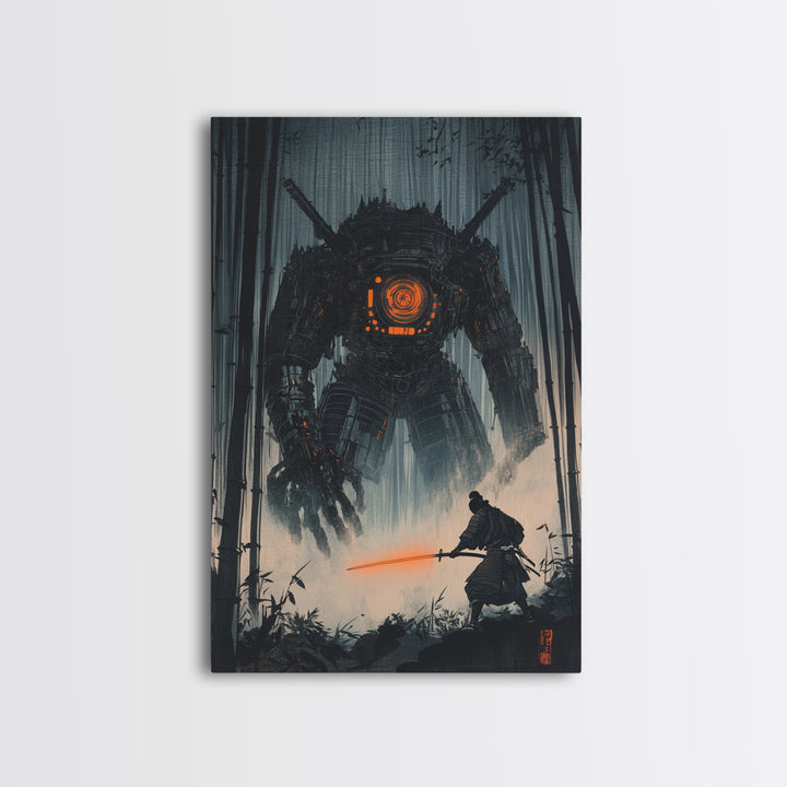 Dark Samurai Facing Giant Mech Wall Art, Cyberpunk Japanese Bamboo Forest, Neon Sword Framed Canvas Print, Office Wall Decor