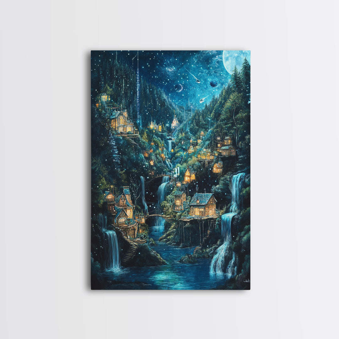 Starry Waterfall Village In Enchanted Forest Canvas Print, Fantasy Wall Art, Magical Cabin Decor, Cozy Living Room Decor
