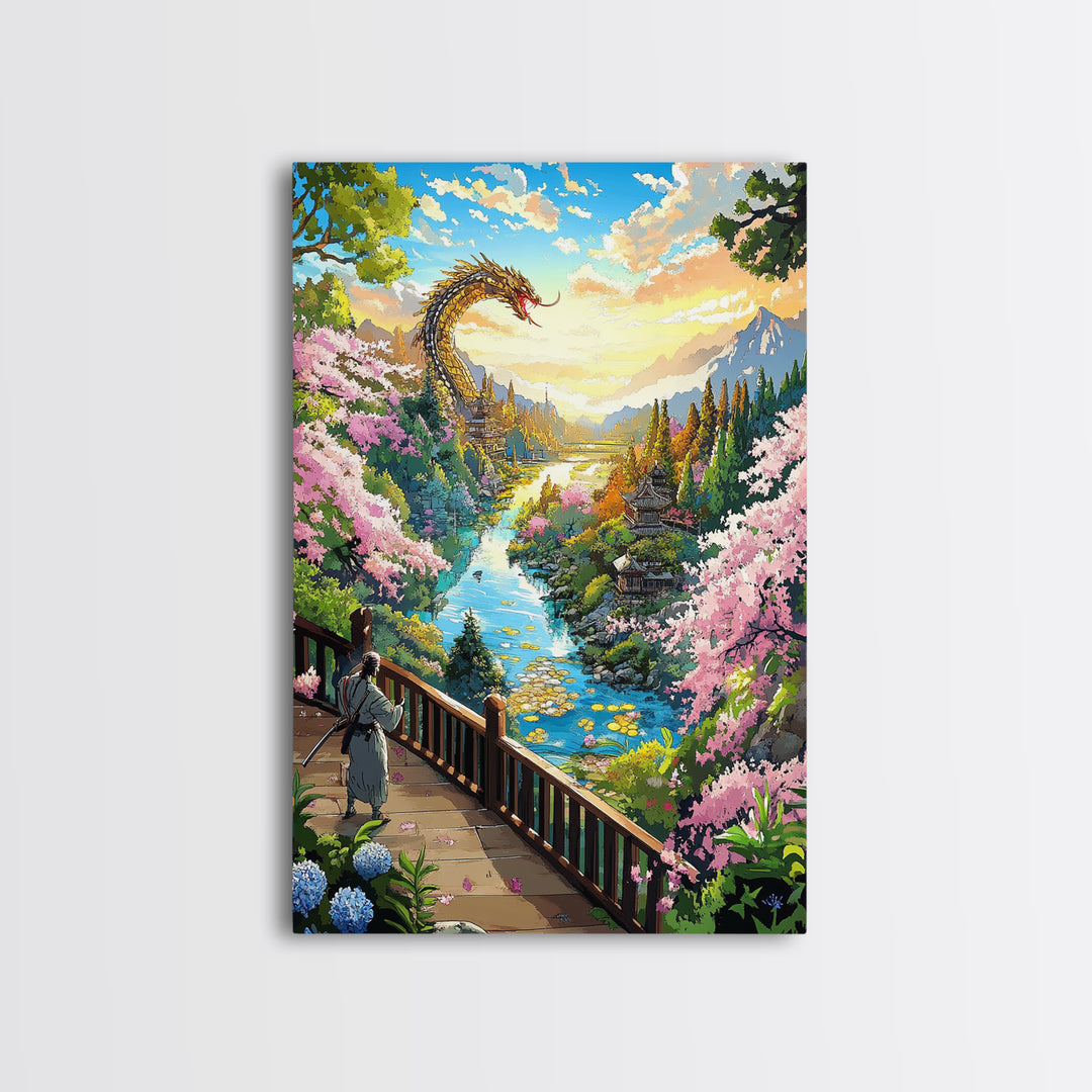 Golden Dragon Above Cherry Blossom Valley Wall Art, Japanese Fantasy Landscape, River Mountain Canvas Print, Zen Home Decor