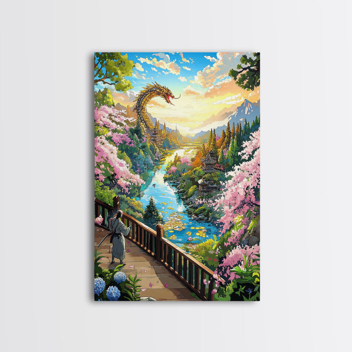 Golden Dragon Above Cherry Blossom Valley Wall Art, Japanese Fantasy Landscape, River Mountain Canvas Print, Zen Home Decor