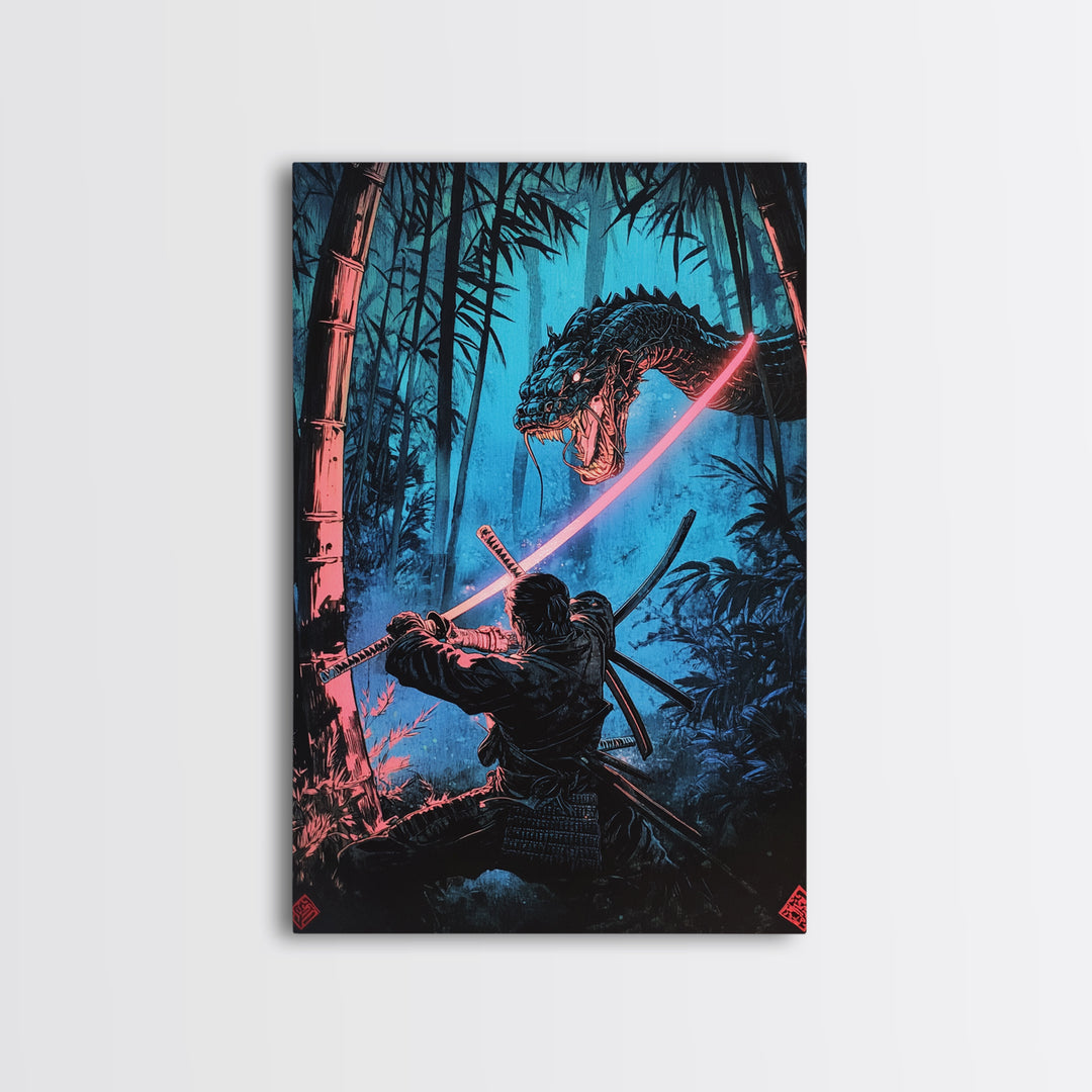 Neon Samurai Battling Serpent Dragon Wall Art, Cyberpunk Japanese Bamboo Forest, Dark Fantasy Framed Canvas Print, Office Decor
