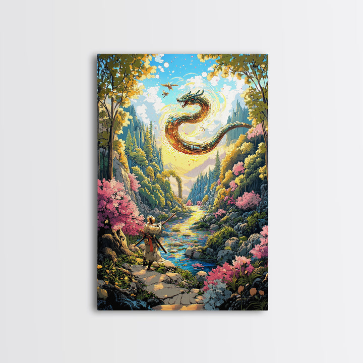 Warrior And Golden Dragon Mountain River Wall Art, Japanese Fantasy Canvas Print, Samurai Decor, Cherry Blossom Landscape