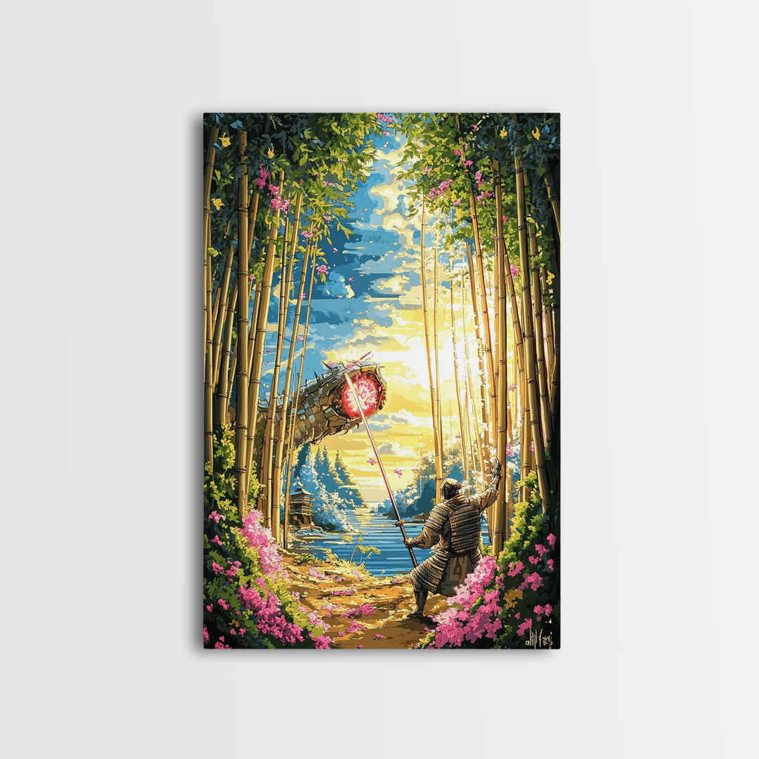 Samurai Banner In Bamboo Forest Wall Art, Japanese Warrior Canvas Print, Cherry Blossom Decor, Fantasy Landscape Poster Art