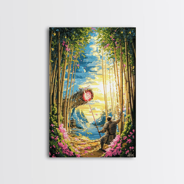 Samurai Banner In Bamboo Forest Wall Art, Japanese Warrior Canvas Print, Cherry Blossom Decor, Fantasy Landscape Poster Art