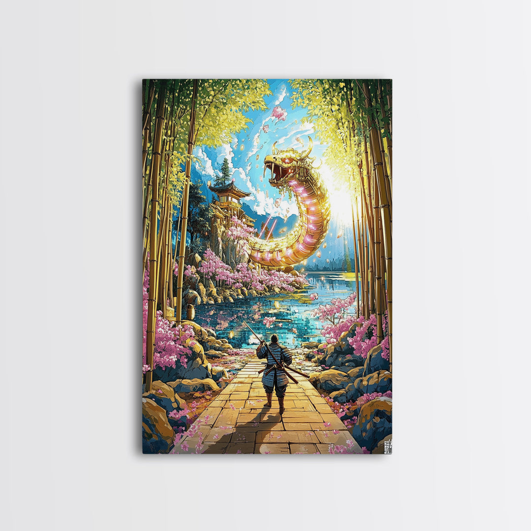 Golden Dragon By Bamboo Lake Framed Canvas Print, Samurai Wall Art, Japanese Fantasy Decor, Cherry Blossom Temple Art Print
