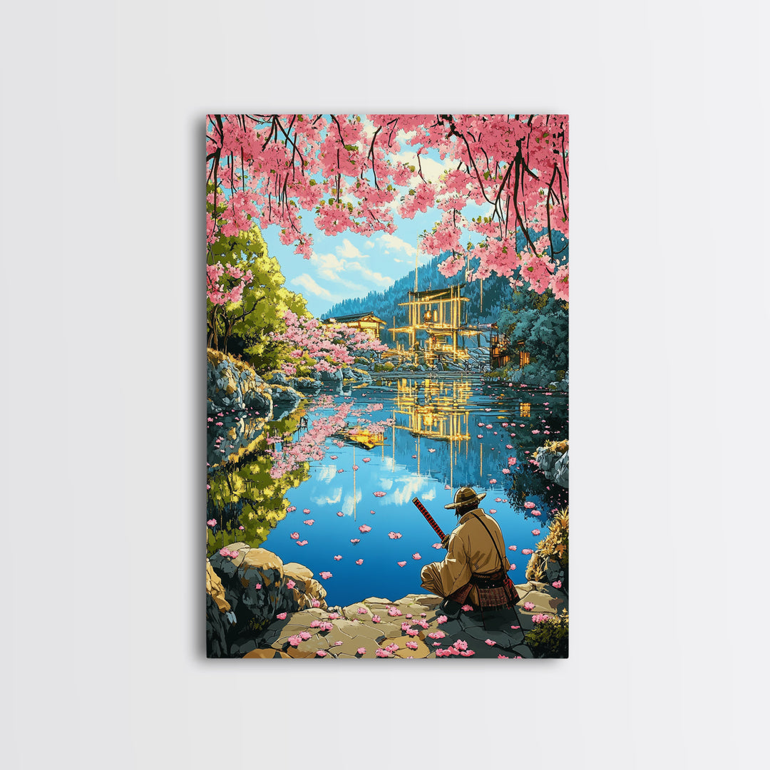 Seated Samurai At Cherry Blossom Lake Wall Art, Japanese Garden Canvas Print, Torii Reflection Decor, Peaceful Landscape