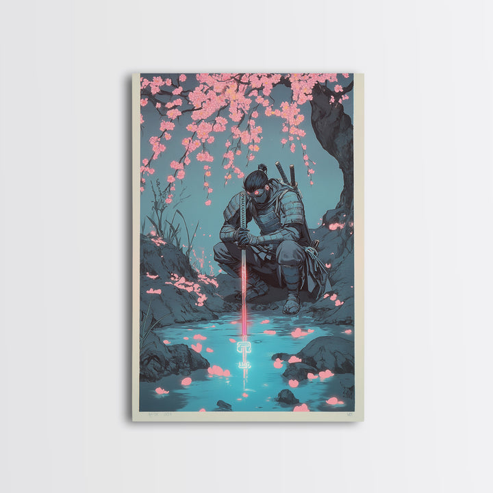 Kneeling Samurai With Glowing Sword Wall Art, Dark Japanese Canvas Print, Cherry Blossom Stream Decor, Ninja Warrior Poster