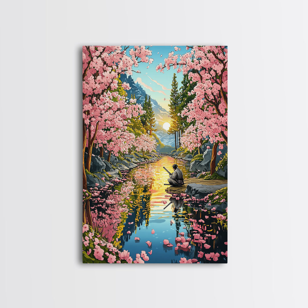Samurai Meditation Beside Cherry River Wall Art, Japanese Landscape Canvas Print, Sakura Sunset Decor, Mountain Reflection