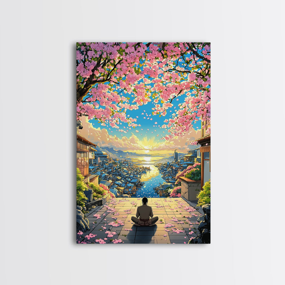 Meditation Over Cherry Blossom Harbor Wall Art, Japanese Coastal Canvas Print, Sakura Cityscape Decor, Peaceful Sunset Art