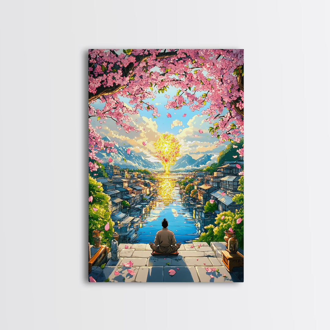Meditating Figure Beneath Golden Tree Wall Art, Cherry Blossom Canvas Print, Japanese Canal City Decor, Spiritual Landscape