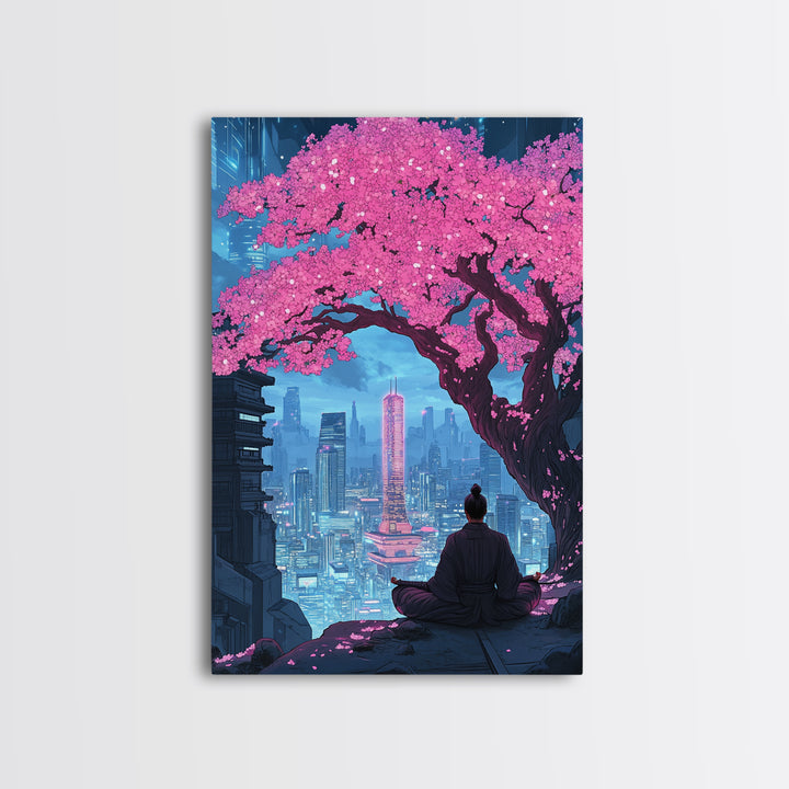 Pink Cherry Blossom Meditation City Wall Art, Cyberpunk Japanese Landscape Print, Neon Urban Decor, Zen Living Room Art Gift
