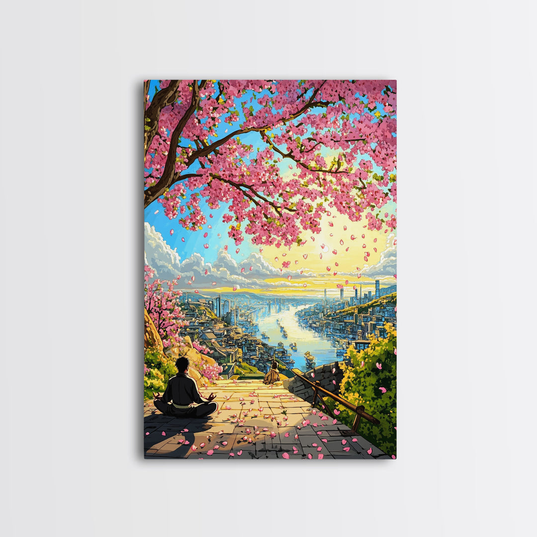 Cherry Blossom Stairway Bay Canvas Print, Japanese Coastal Landscape Art, Peaceful Zen Decor, Colorful Living Room Wall Art