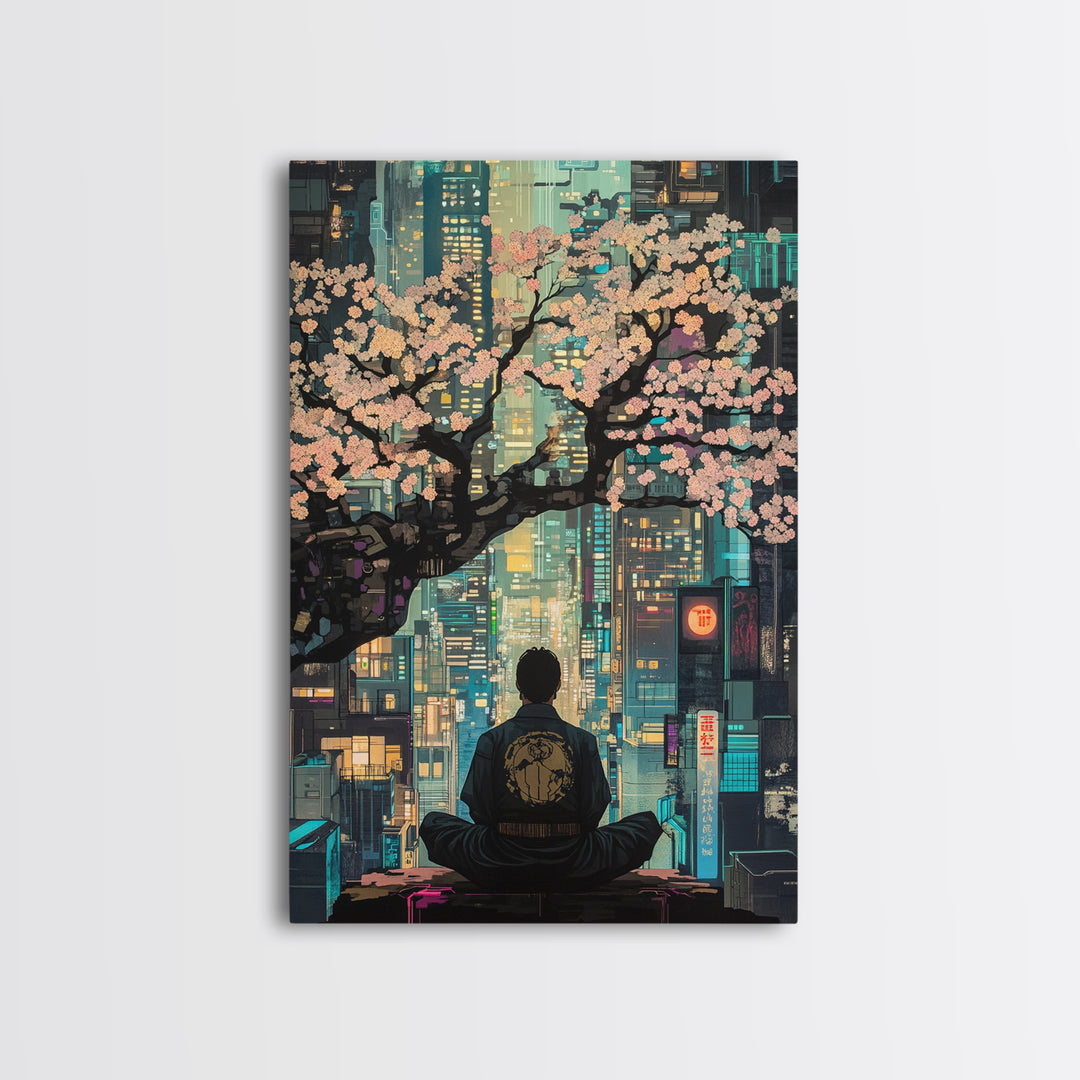Cherry Blossoms Over Neon City Framed Canvas Print, Cyberpunk Japanese Wall Decor, Urban Zen Meditation Living Room Art Gift