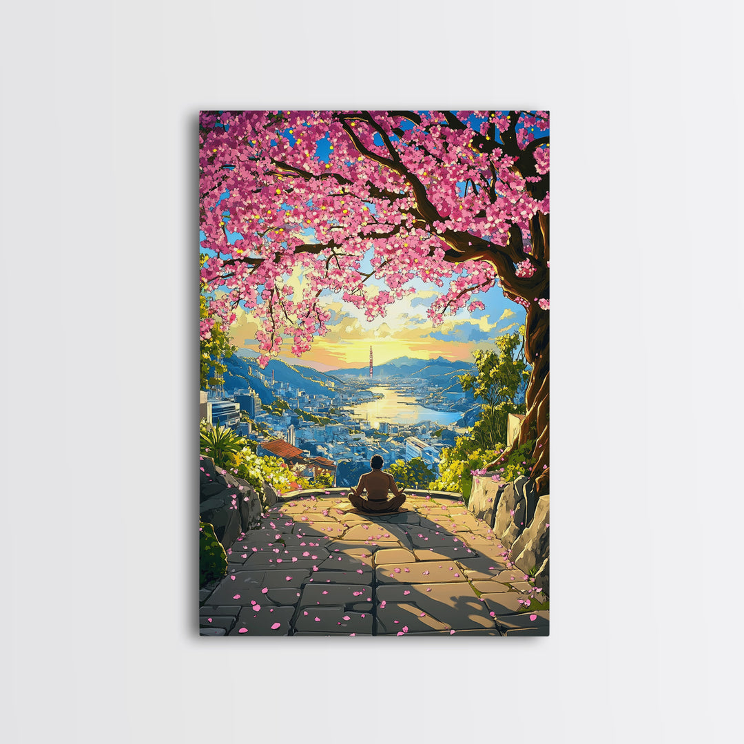 Sunset Cherry Blossom Bay Wall Art, Japanese Landscape Painting, Zen Meditation Decor, Colorful Coastal Living Room Print