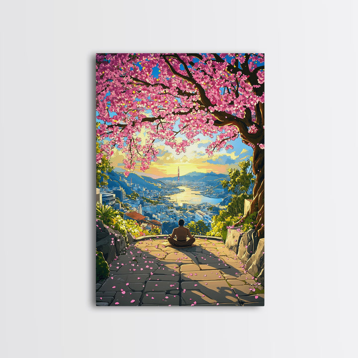 Sunset Cherry Blossom Bay Wall Art, Japanese Landscape Painting, Zen Meditation Decor, Colorful Coastal Living Room Print