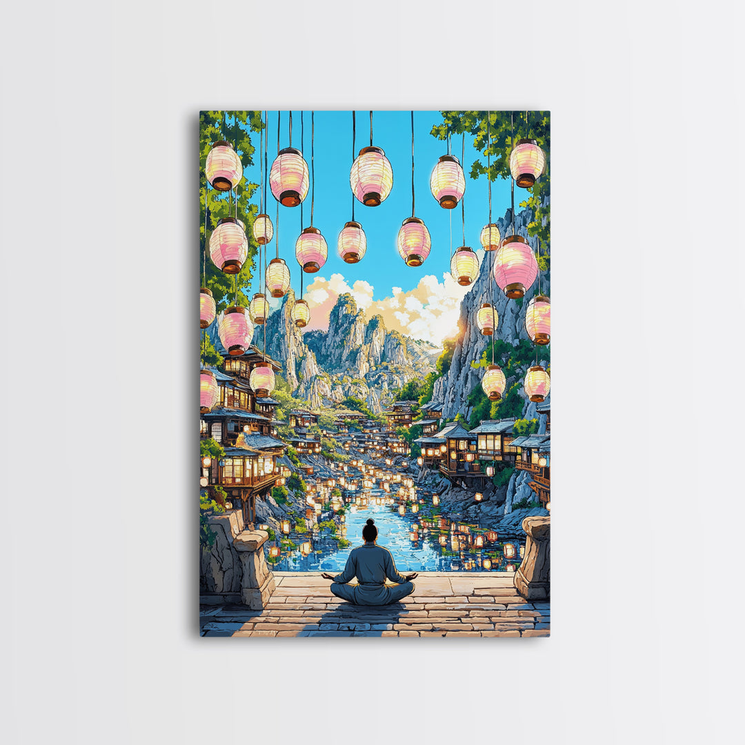 Lantern Mountain Village Canvas Print, Japanese Fantasy Landscape Art, Glowing River Decor, Zen Living Room Wall Art Gift