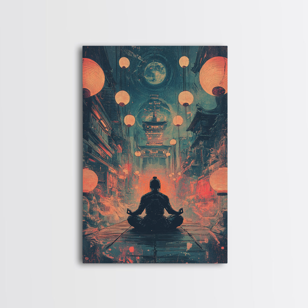 Moonlit Red Lantern Meditation Wall Art, Dark Japanese Fantasy Decor, Moody Zen Canvas Wall Art, Spiritual Room Print, Gift For Him