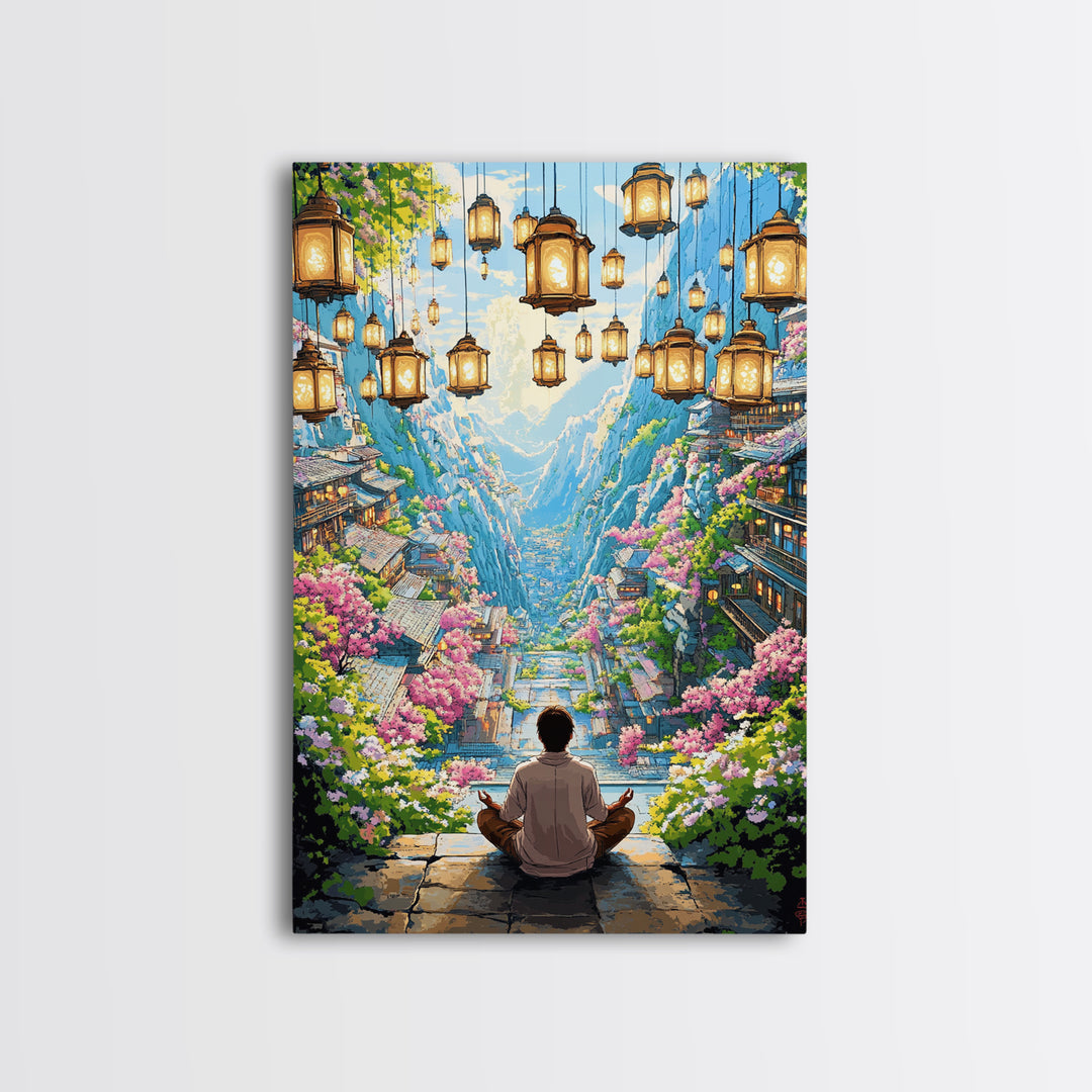 Hanging Lantern Valley Framed Canvas Print, Japanese Mountain Village Wall Decor, Floral Zen Landscape Living Room Art Gift
