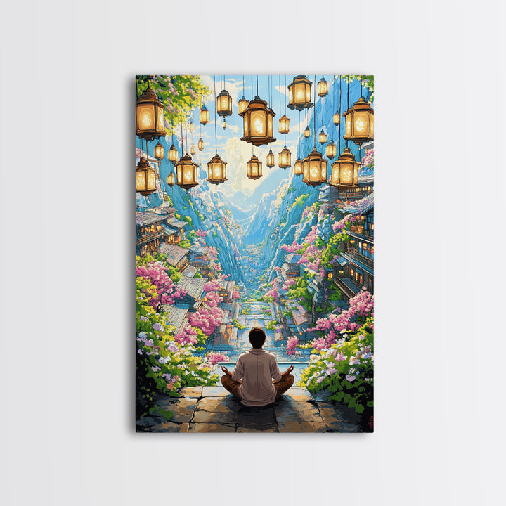 Hanging Lantern Valley Framed Canvas Print, Japanese Mountain Village Wall Decor, Floral Zen Landscape Living Room Art Gift