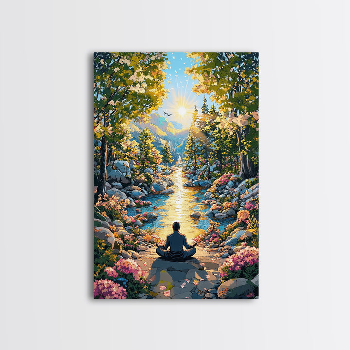 Golden Mountain River Meditation Canvas Print, Sunlit Nature Wall Art, Peaceful Zen Decor, Calming Living Room Art, Housewarming Gift