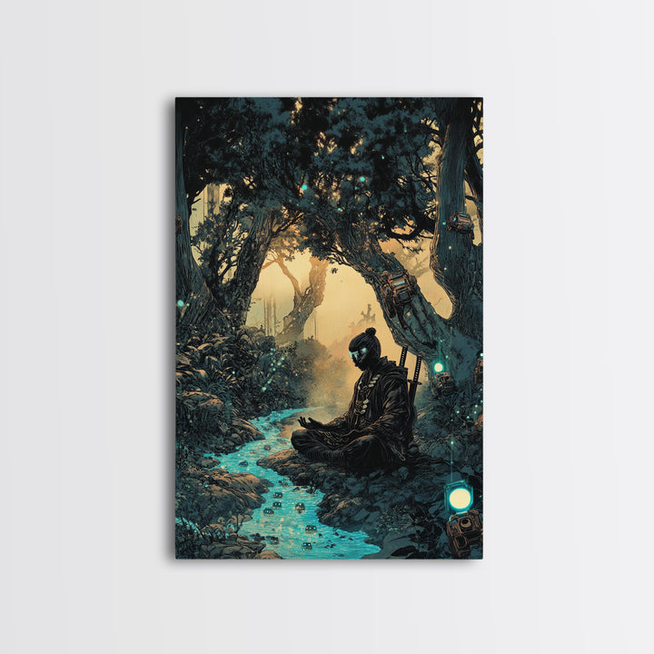 Meditating Samurai In Glowing Forest Stream Wall Art, Japanese Zen Decor, Fantasy Landscape Print, Moody Office Decor Gift