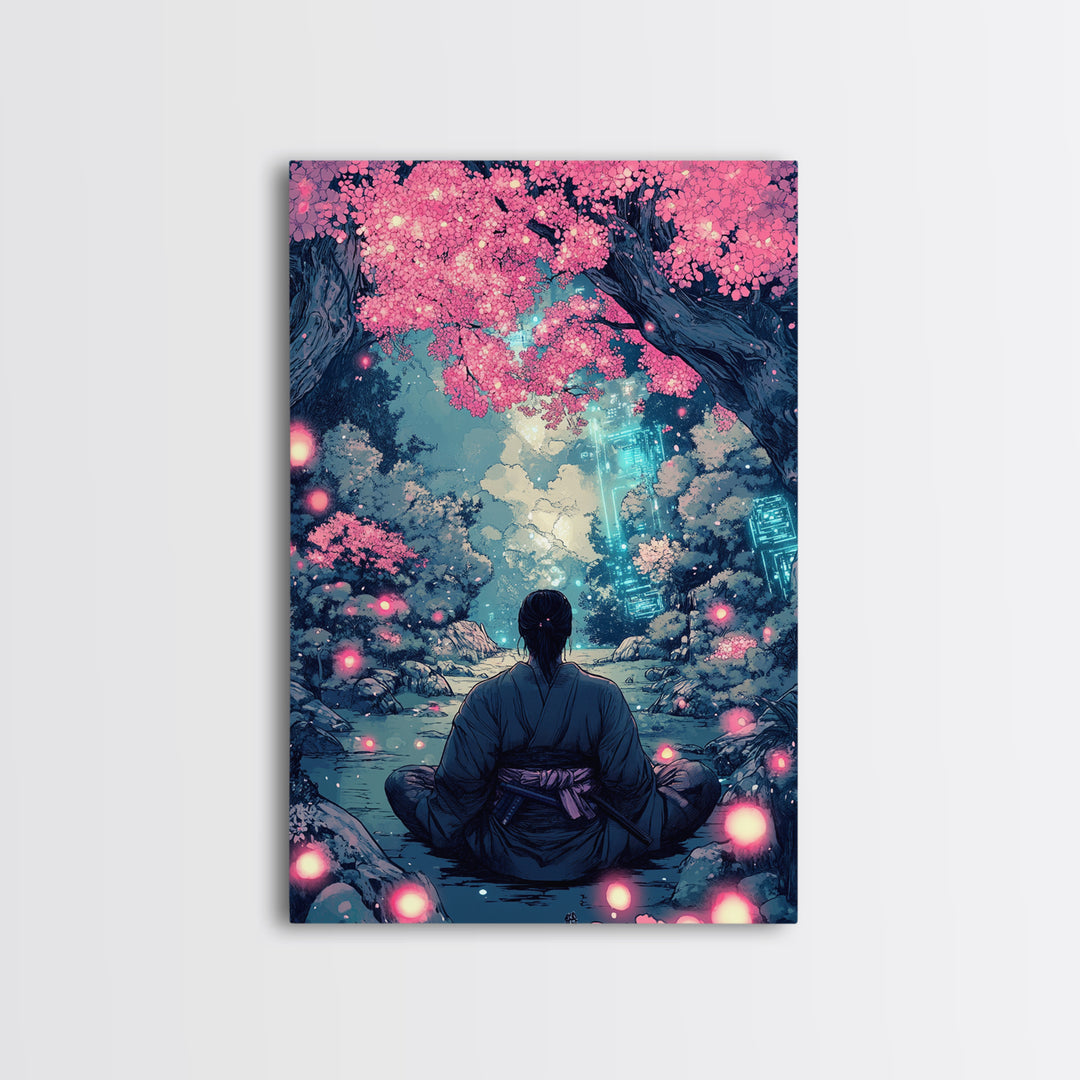 Mystical Samurai Under Pink Blossom Trees Wall Art, Japanese Fantasy Decor, Cyberpunk Zen Print, Moody Bedroom Wall Decor