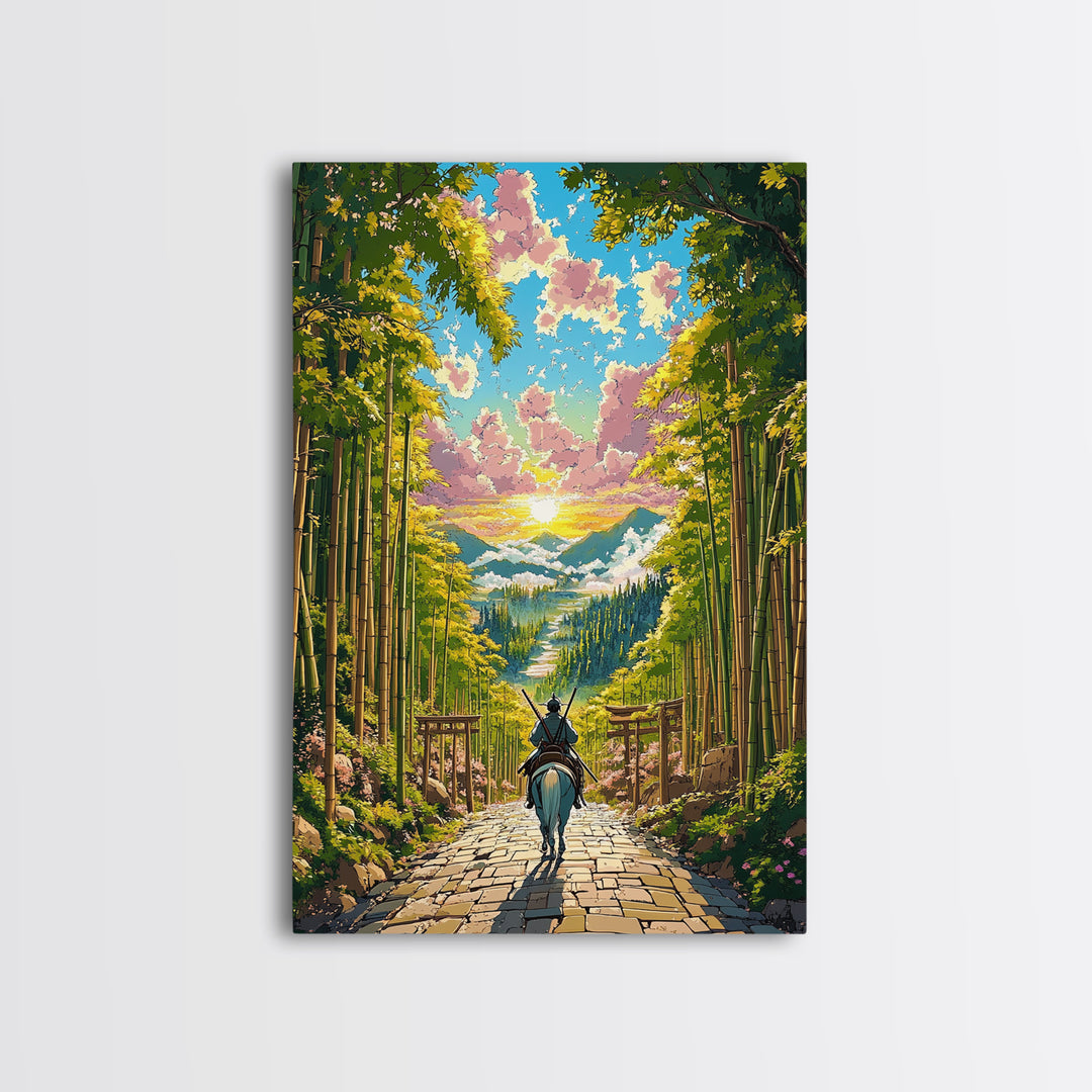Samurai Rider On Bamboo Path At Sunset Framed Canvas Print, Japanese Landscape Wall Art, Zen Nature Home Decor, Gift For Her