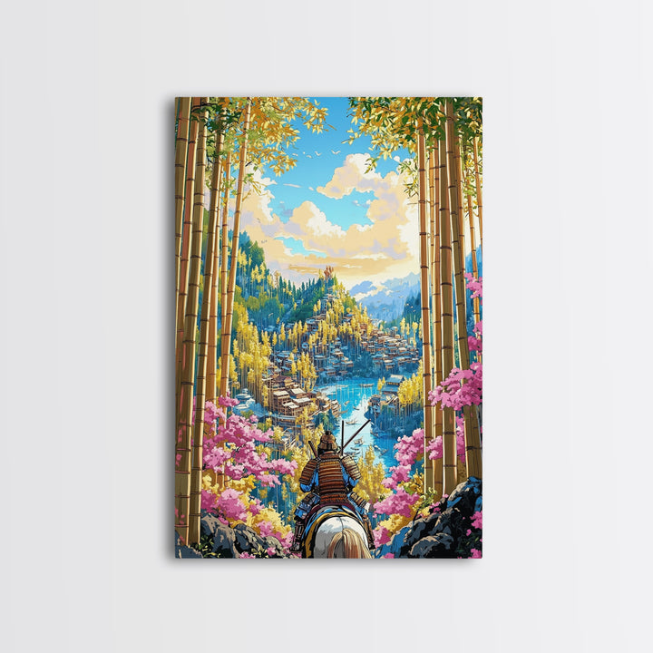 Armored Samurai Overlooking Lake City Framed Canvas Print, Japanese Bamboo Wall Art, Cherry Blossom Landscape, Home Decor