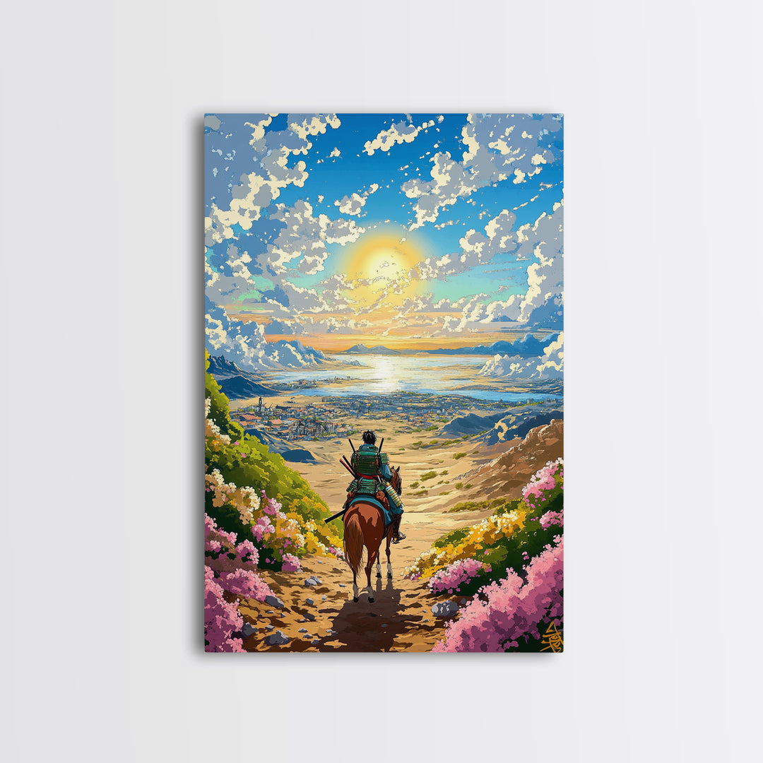 Samurai Rider Above Sunlit Ocean Valley Canvas Print, Japanese Landscape Wall Art, Coastal Mountain Decor, Colorful Print