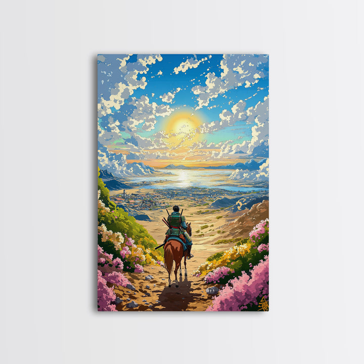 Samurai Rider Above Sunlit Ocean Valley Canvas Print, Japanese Landscape Wall Art, Coastal Mountain Decor, Colorful Print