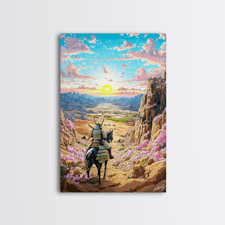 Armored Samurai Horse In Desert Canyon Sunrise Framed Canvas Print, Japanese Western Wall Art, Mountain Landscape Home Decor