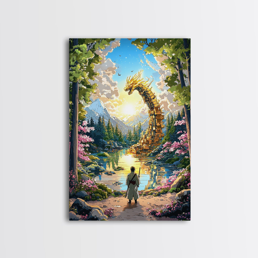 Golden Dragon Over Mountain Lake Canvas Print, Japanese Fantasy Art, Cherry Blossom Wall Decor, Samurai Living Room Art Print