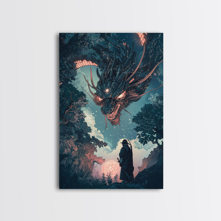 Dark Mechanical Dragon And Samurai Wall Art, Japanese Fantasy Poster, Cyberpunk Decor, Moody Sci Fi Living Room Art Print
