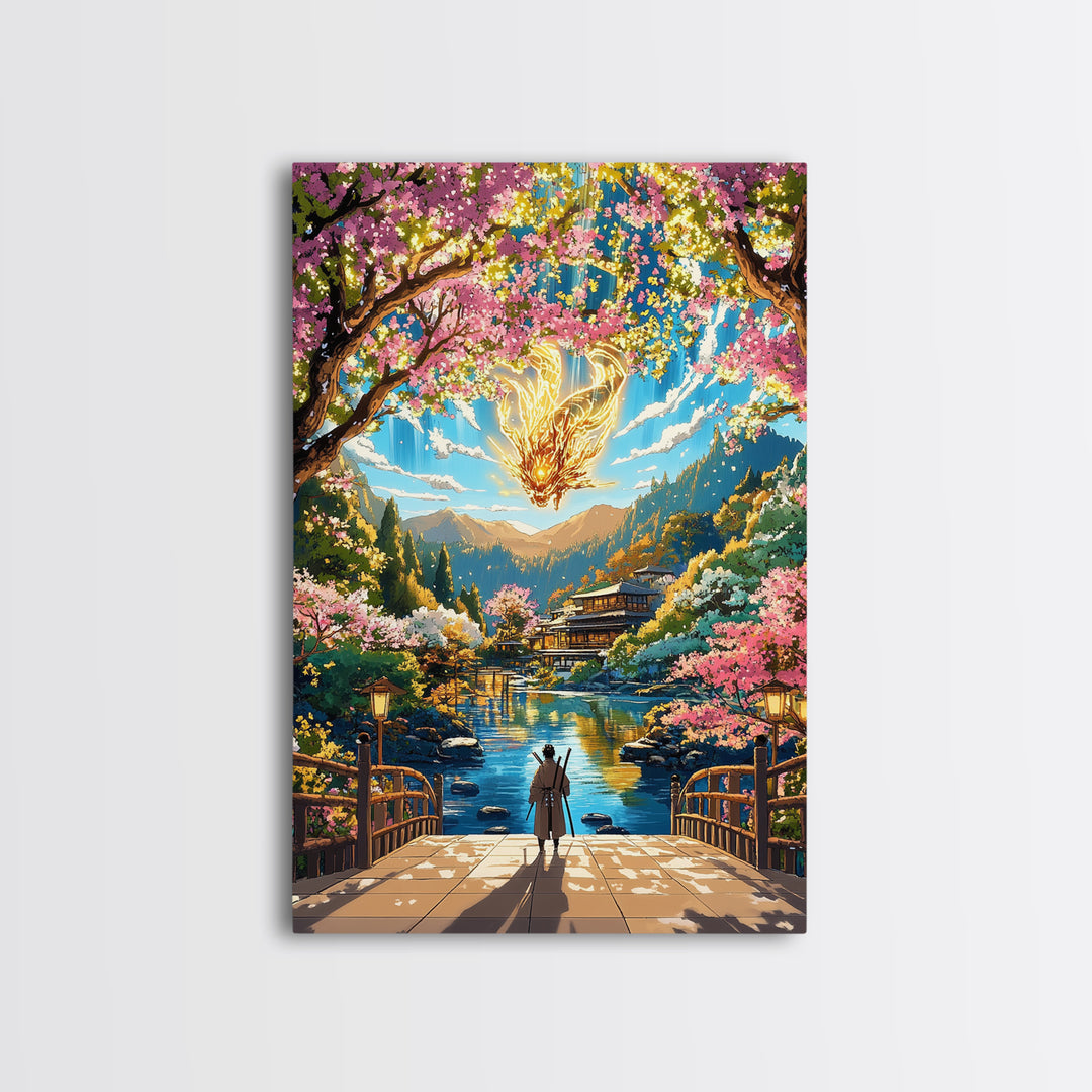 Glowing Dragon Above Cherry Blossom River Framed Canvas Print, Japanese Garden Wall Art, Colorful Fantasy Home Decor Print