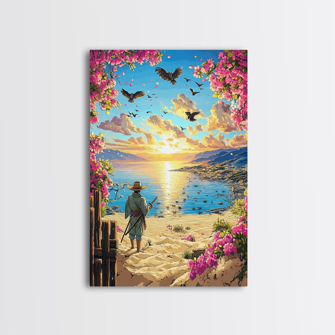 Samurai On Sunny Flower Framed Beach Canvas Print, Coastal Wall Art, Tropical Sunset Poster, Beach House Living Room Decor