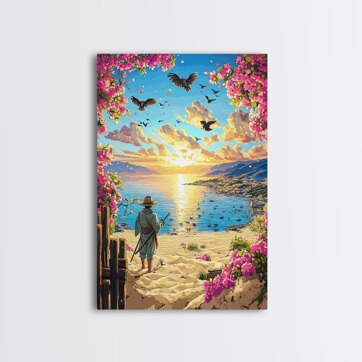 Samurai On Sunny Flower Framed Beach Canvas Print, Coastal Wall Art, Tropical Sunset Poster, Beach House Living Room Decor