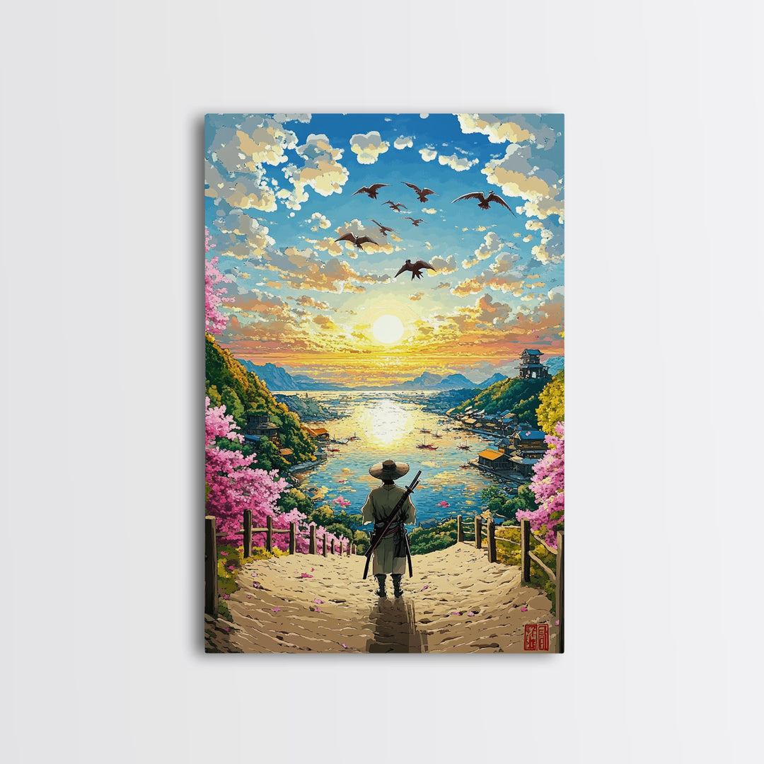 Samurai Overlooking Golden Coastal Village Wall Art, Japanese Seascape Print, Cherry Blossom Decor, Serene Living Room Art